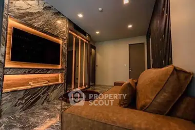 Luxurious living room with marble accents and plush seating