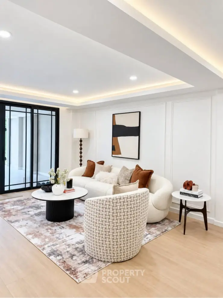 Elegant modern living room with stylish furniture and abstract art, featuring a cozy ambiance and natural light.