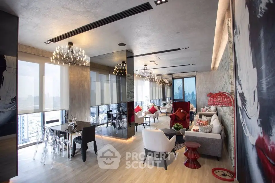 Luxurious modern living room with panoramic city views and elegant decor