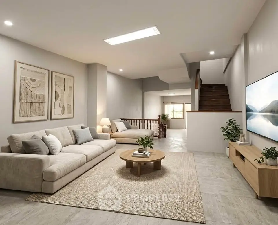 Spacious modern living room with cozy seating and stylish decor