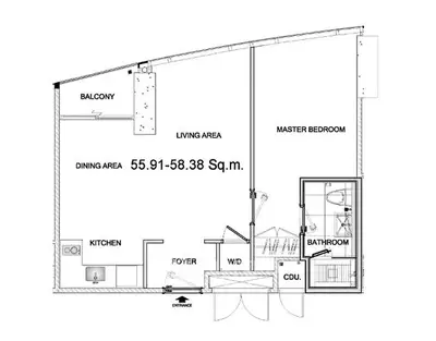 Modern apartment floor plan with balcony, living area, and master bedroom.