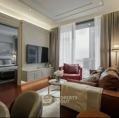 Luxurious living room with elegant decor and city view, featuring modern furniture and ambient lighting.