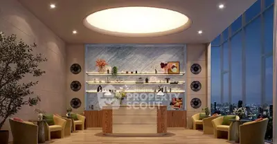 Luxurious modern living room with panoramic city view and elegant decor