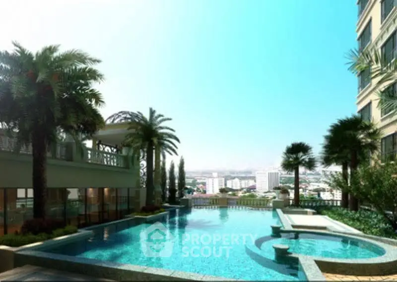 Luxurious rooftop pool with stunning city views and palm trees, perfect for relaxation and leisure.