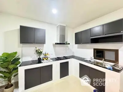 Modern kitchen with sleek black cabinets and gas stove in a stylish open layout