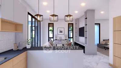 Modern open-plan living room with stylish lighting and elegant decor