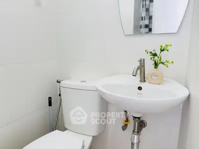 Compact modern bathroom with white fixtures and decorative plant