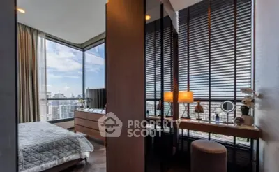 Luxurious bedroom with panoramic city view and elegant decor