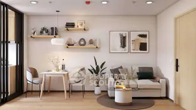 Modern living room with stylish decor and cozy seating area