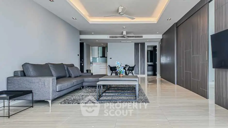 Spacious modern living room with sleek design and elegant furnishings