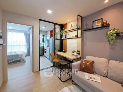 Modern apartment interior with cozy living room and open kitchen layout