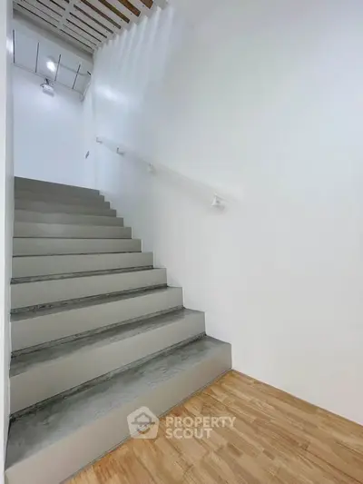 Modern minimalist staircase with sleek design and wooden flooring