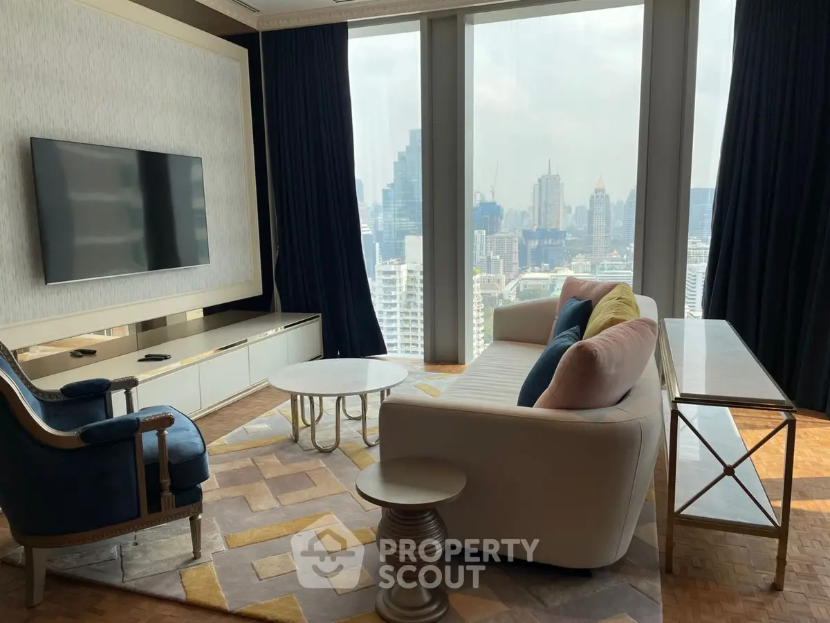 Luxurious living room with stunning city view, elegant furniture, and modern decor in high-rise apartment.