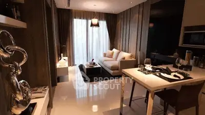 Luxurious modern living room with elegant decor and dining area, featuring plush sofa and stylish lighting.