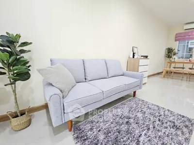 Modern living room with stylish gray sofa and cozy decor