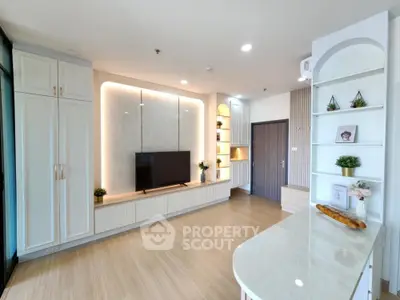 Modern living room with elegant built-in cabinets and sleek TV setup