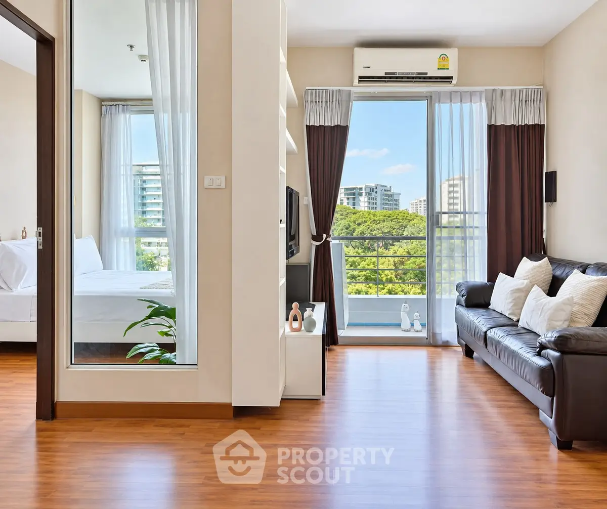 Modern living room with balcony view in a stylish apartment
