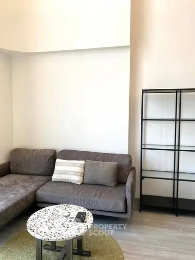 Modern living room with stylish gray sofa and sleek shelving unit, perfect for urban living.