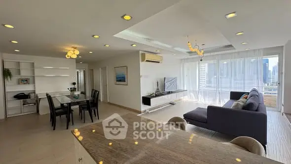 Spacious modern living room with city view and elegant dining area