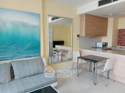 Modern living room with open kitchen and stylish decor