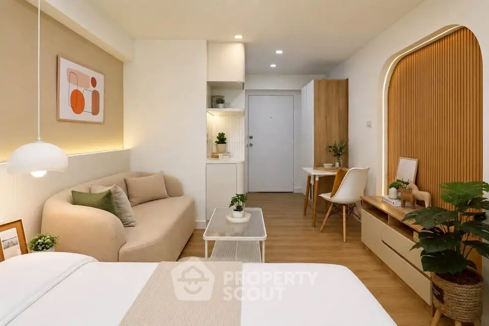 Modern studio apartment with stylish decor and cozy living area