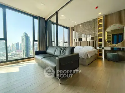 Luxurious modern living room with stunning city view and elegant furnishings