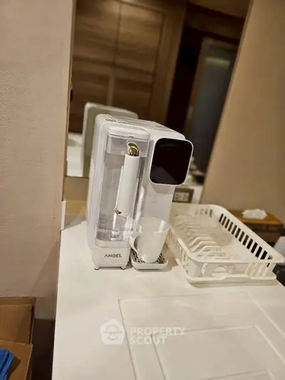 Modern kitchen counter with water purifier and dish rack, showcasing sleek design and functionality.