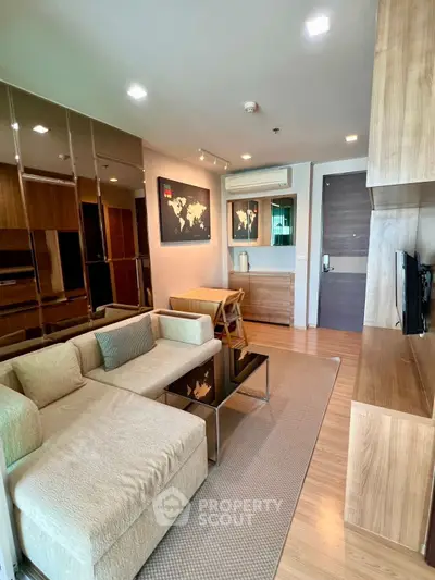 Modern living room with stylish decor and cozy seating area