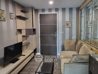 Modern living room with stylish decor and cozy seating area