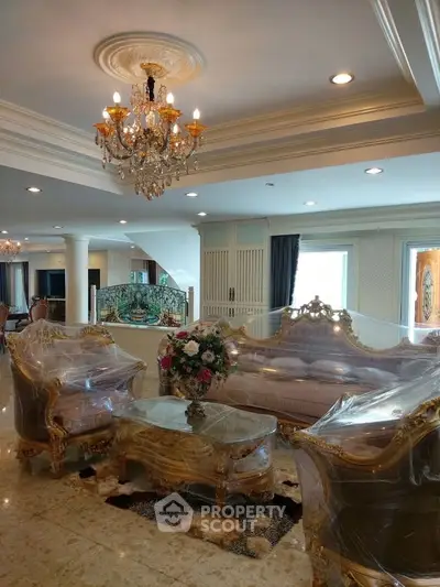 Luxurious living room with elegant chandelier and classic furniture