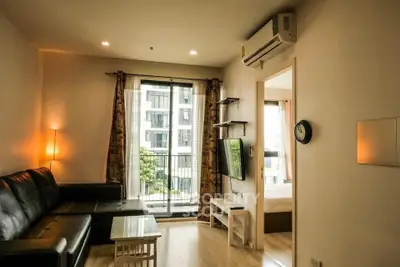 Modern living room with balcony view in stylish apartment