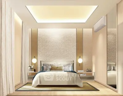 Luxurious modern bedroom with elegant lighting and stylish decor