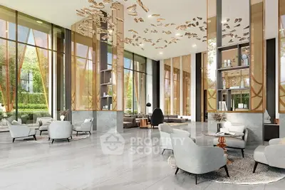Luxurious modern lobby with elegant seating and artistic decor