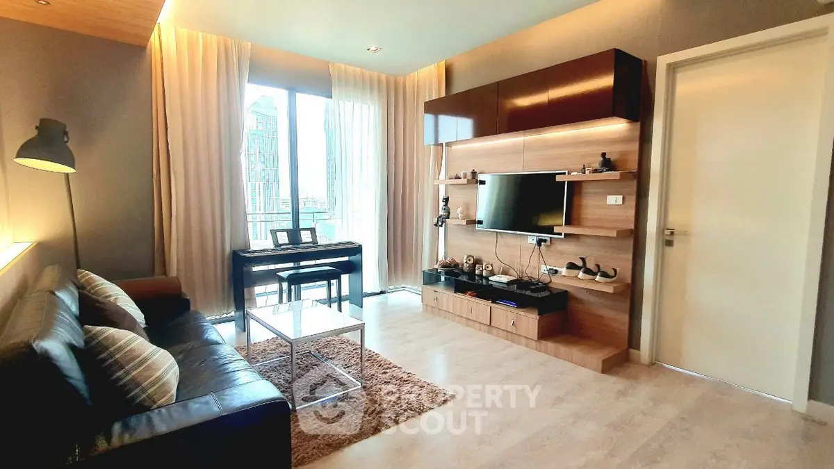Modern living room with stylish decor, featuring a wall-mounted TV, piano, and large window with city view.