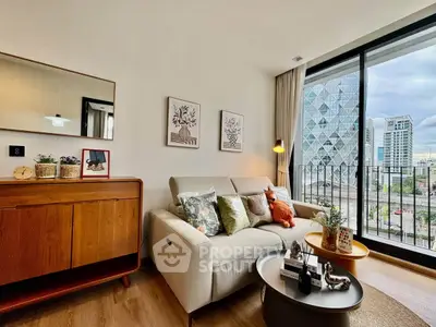 Stylish living room with modern decor and city view balcony in urban apartment.