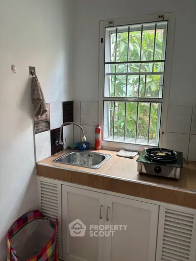 Cozy kitchen with natural light, featuring a compact gas stove and stylish wooden countertop.