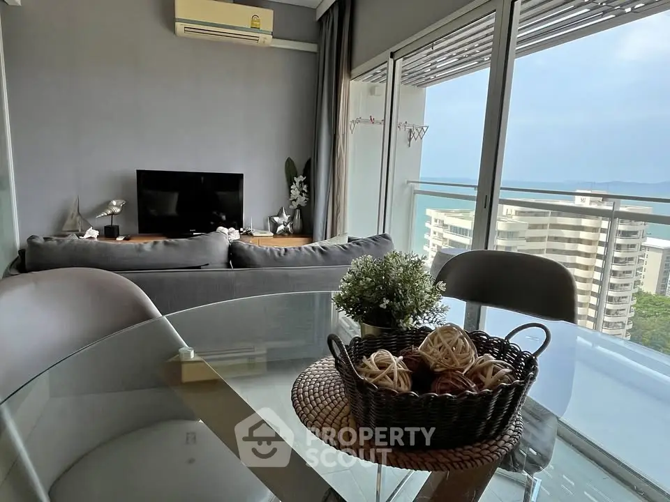 Modern living room with stunning balcony view and stylish decor