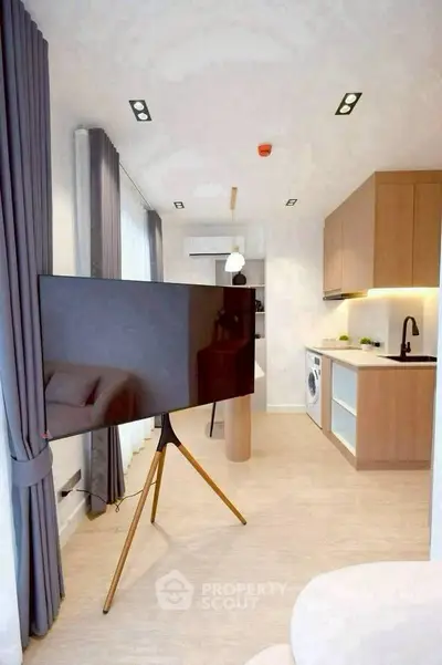 Modern open-plan living room with sleek kitchen and large TV, featuring stylish decor and natural light.