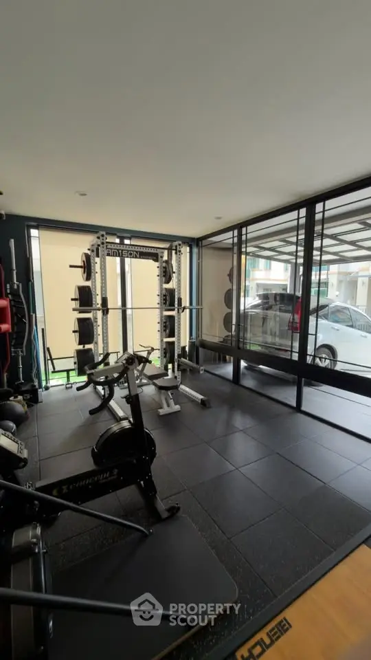 Modern home gym with weightlifting equipment and large windows for natural light.
