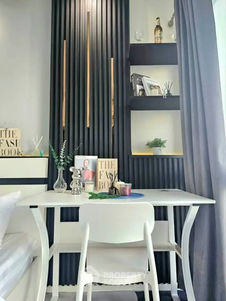 Modern study nook with sleek decor and stylish shelving