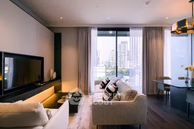 Luxurious modern living room with city view, elegant decor, and ample natural light.