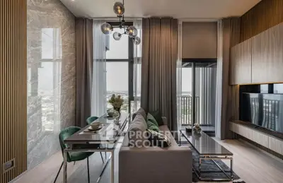 Luxurious modern living room with elegant decor and stunning city view