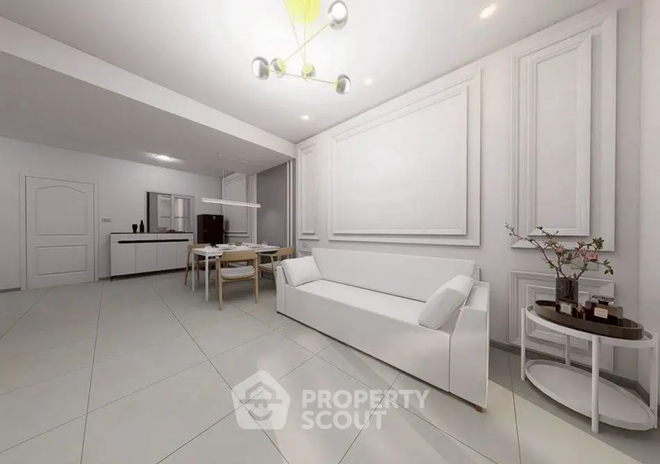 Modern living room with minimalist white decor and elegant lighting