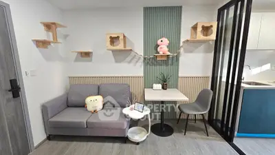Modern living room with stylish cat shelves and cozy seating area