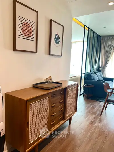 Stylish mid-century modern living room with elegant wooden furniture and cozy decor.