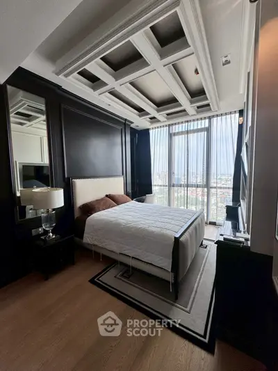 Luxurious bedroom with stunning city view and elegant decor