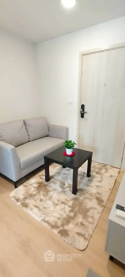 Cozy living room with modern sofa and stylish decor in a contemporary apartment.