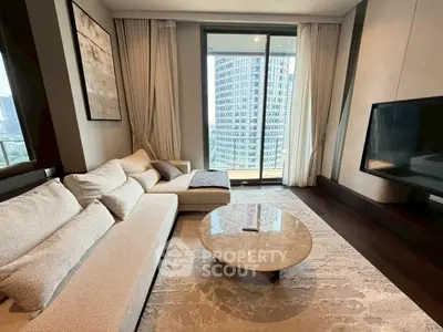 Luxurious living room with modern sofa and city view from large window