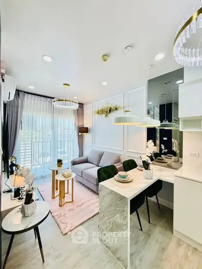 Modern living room with elegant decor and open kitchen layout