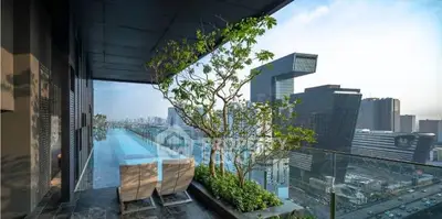 Luxurious high-rise balcony with stunning cityscape view and infinity pool.